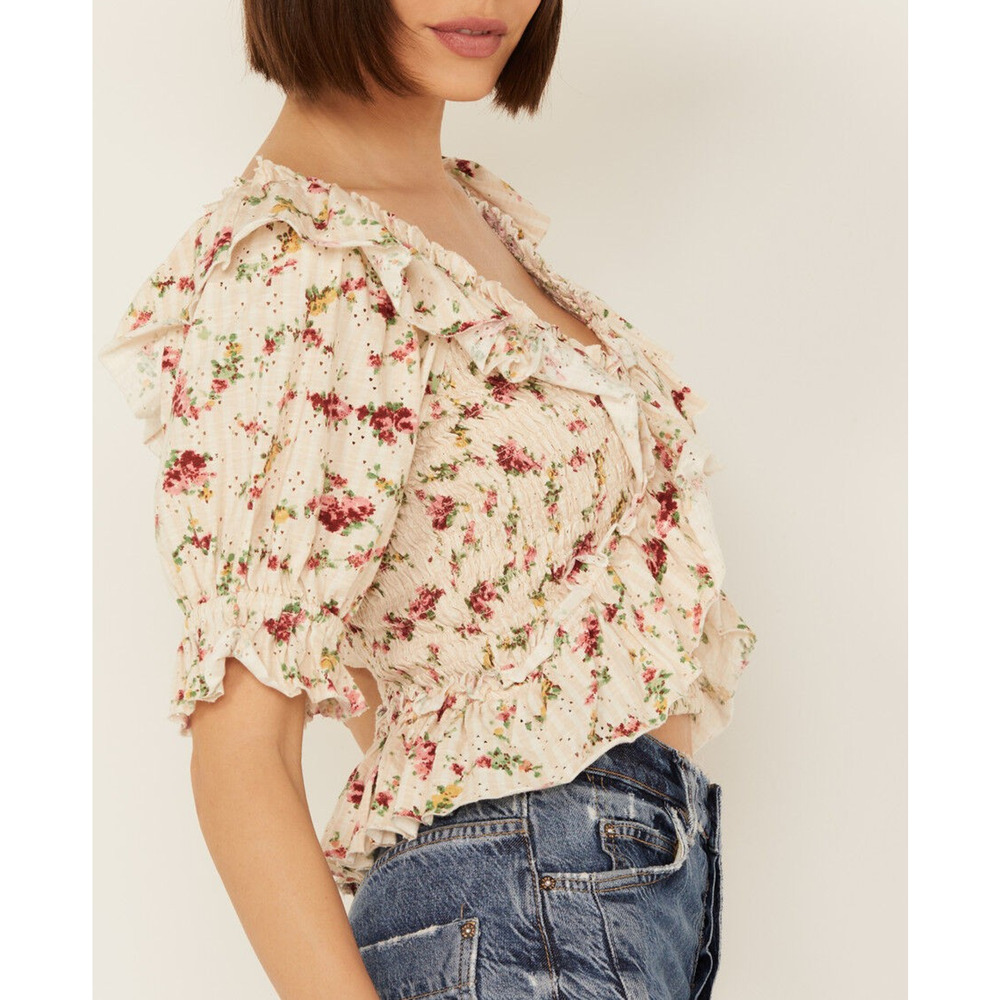 Free People Favorite Girl Top Romantic Floral Ruffle Smocked Boho Cottagecore Sm - Picture 10 of 16